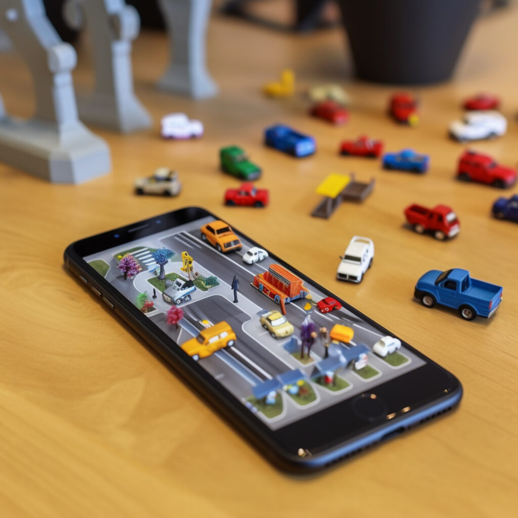 Miniaturautos fahren über einen Tisch und das Display eines Handys